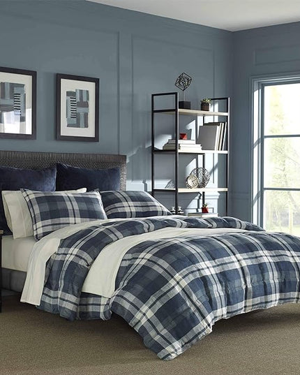 Nautica Home Ultra Soft & Cozy Microsuede Reversible Plaid Quilted Comforter Matching Shams, 3-Piece Bedding Set, Queen, Navy/Blue/White - LeafyLoom