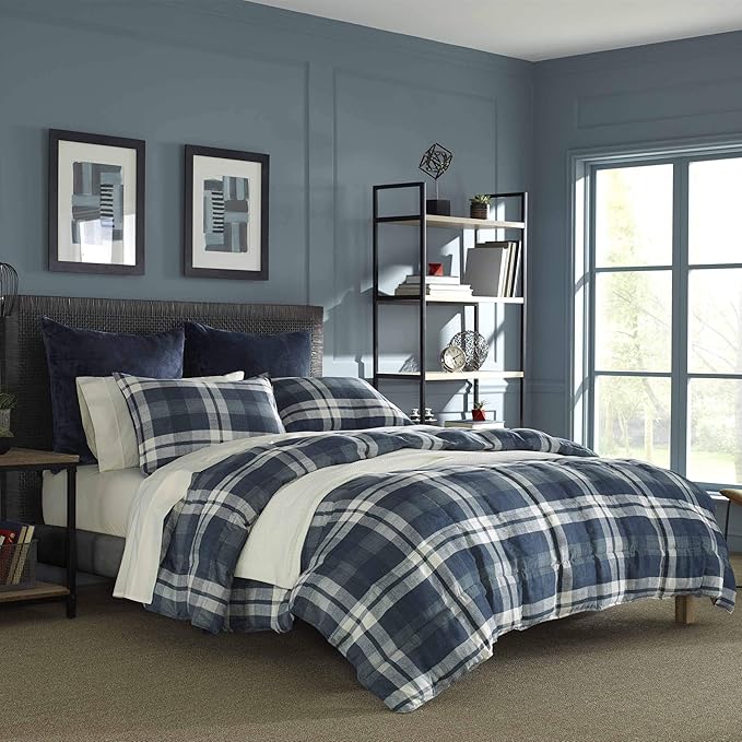 Nautica - King Size Comforter Set, Reversible Bedding with Matching Shams, Stylish Plaid Home Decor (Crossview Navy, King) - LeafyLoom