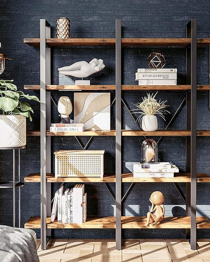 IRONCK Industrial Bookshelf and Bookcase Double Wide 5 Tier, Large Open Shelves, Wood and Metal Bookshelves for Home Office Furniture, Easy Assembly - LeafyLoom