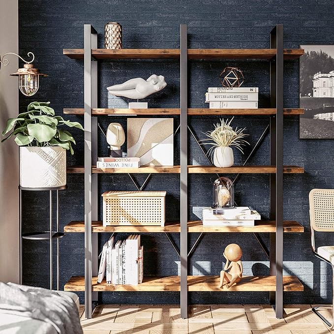 IRONCK Industrial Bookshelf and Bookcase Double Wide 5 Tier, Large Open Shelves, Wood and Metal Bookshelves for Home Office Furniture, Easy Assembly - LeafyLoom