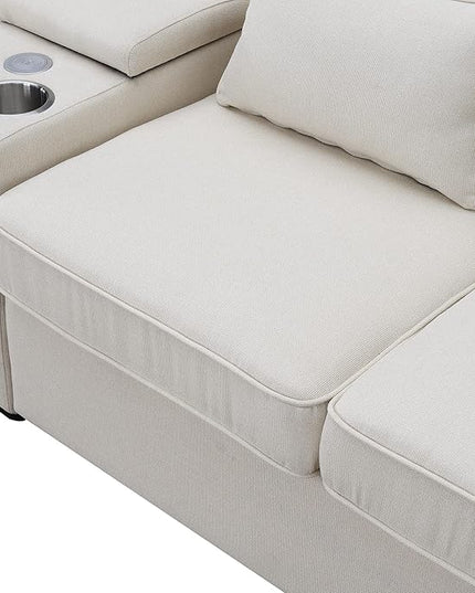 114.2" Linen Upholstered Sofa with Consoleand 2 USB Ports Wired or Wirelessly Charged,Modern 4-Seat Couches W/ 4 Pillows and Two Cupholders,for Living Room,Apartment,Beige - LeafyLoom