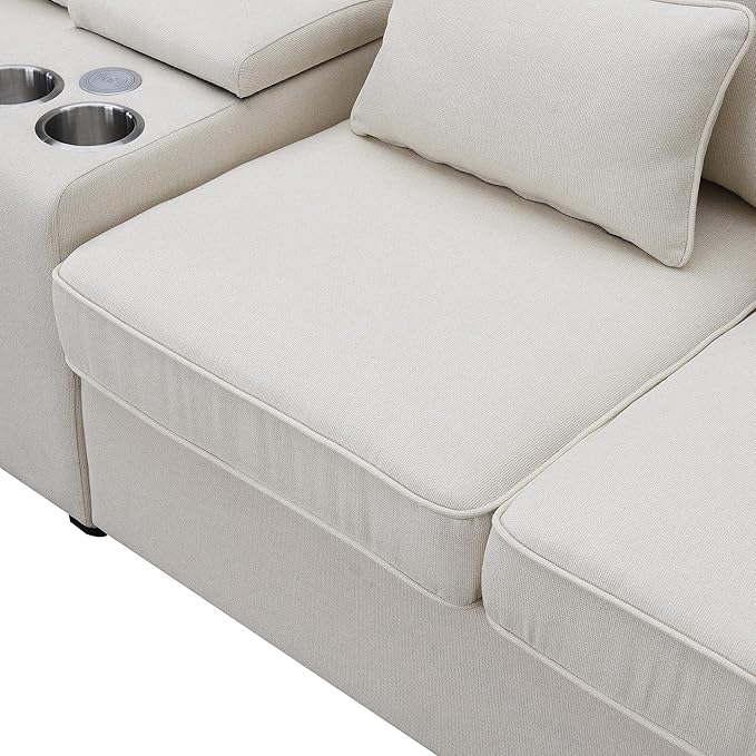 114.2" Linen Upholstered Sofa with Consoleand 2 USB Ports Wired or Wirelessly Charged,Modern 4-Seat Couches W/ 4 Pillows and Two Cupholders,for Living Room,Apartment,Beige - LeafyLoom