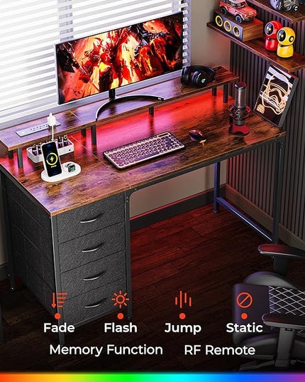 47 Inch Computer Desk with Power Outlets and LED Lights, Gaming Desk with 4 Drawers, Office Desk with Monitor Stand, Study Desk Work Desk for Home Office, Small Spaces, Rustic Brown - LeafyLoom