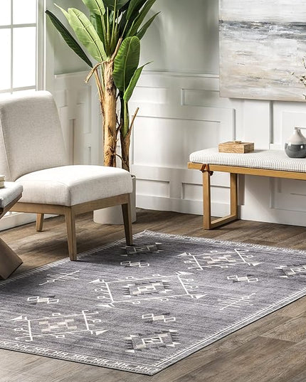 nuLOOM Evalyn Southwestern Machine Washable Ultra Thin Area Rug, 5' x 8', Grey - LeafyLoom