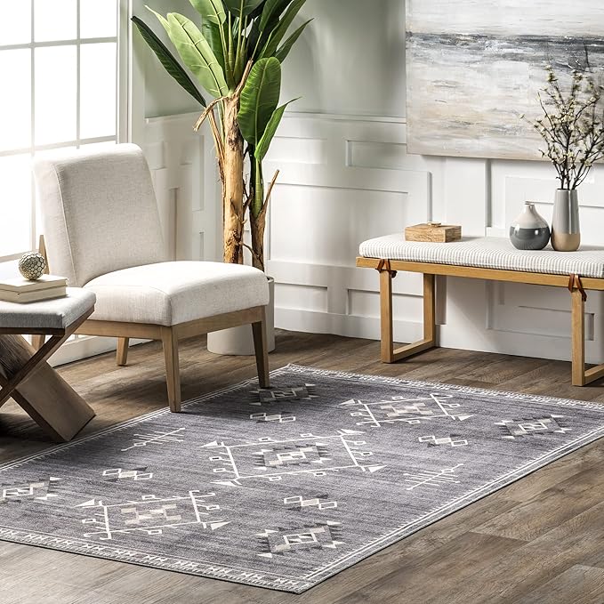 nuLOOM Evalyn Southwestern Machine Washable Ultra Thin Area Rug, 5' x 8', Grey - LeafyLoom
