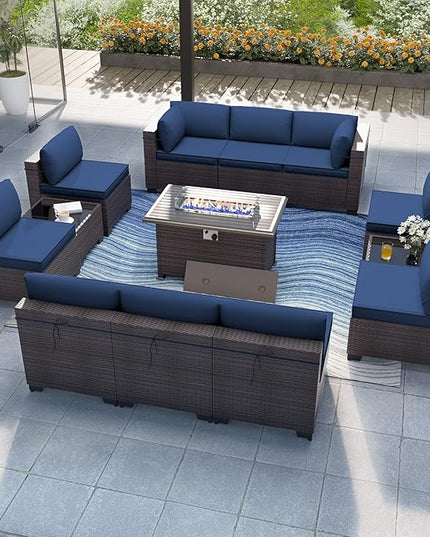 Patio Furniture Set with Fire Pit Table 13 PCS Outdoor Sectional Furniture Outdoor Rattan Patio Conversation Sets with 43in 55,000 BTU Propane Gas Fire Pit Table Glass Table, Navy Blue - LeafyLoom