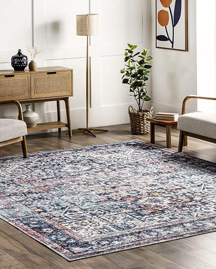nuLOOM Kasi Vintage Persian Machine Washable Ultra Thin Area Rug, 5' x 8', Blue - LeafyLoom