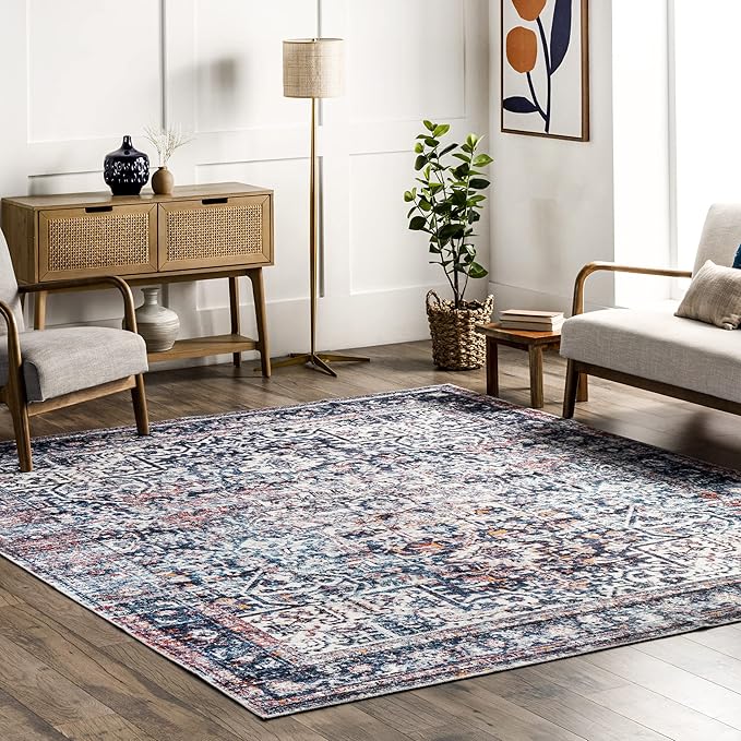 nuLOOM Kasi Vintage Persian Machine Washable Ultra Thin Area Rug, 5' x 8', Blue - LeafyLoom