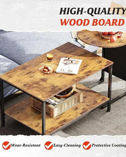 WLIVE Coffee Table and End Table Set, 31.3" Center Table and 18.7" Small Round Coffee Table with Side Pouch, Wood Nesting Coffee Table for Living Room, Bedroom, Rustic Brown - LeafyLoom