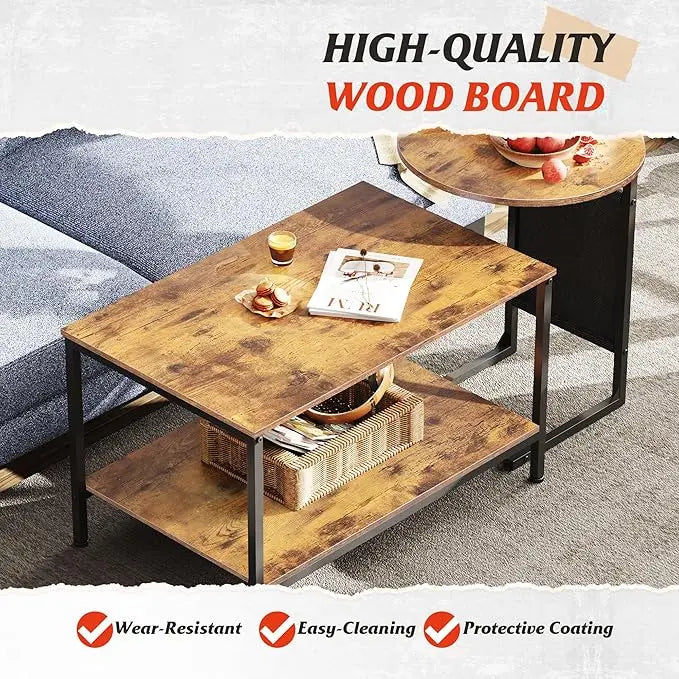 WLIVE Coffee Table and End Table Set, 31.3" Center Table and 18.7" Small Round Coffee Table with Side Pouch, Wood Nesting Coffee Table for Living Room, Bedroom, Rustic Brown - LeafyLoom