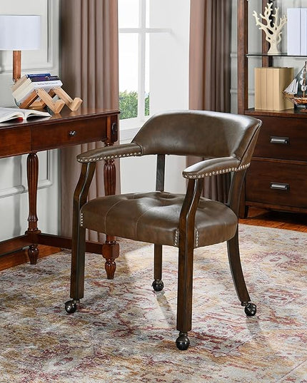 Large Dining Chairs with Casters and Arms, Rolling Dining Chairs with Wheels, Game Poker Table Chairs, Boss Caption's Chairs, 26"D x 25.2"W x 31.5"H, Espresso Legs & Choalate PU, XXY-1910-BN - LeafyLoom