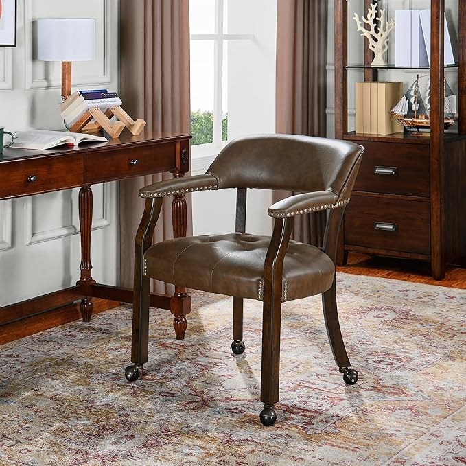 Large Dining Chairs with Casters and Arms, Rolling Dining Chairs with Wheels, Game Poker Table Chairs, Boss Caption's Chairs, 26"D x 25.2"W x 31.5"H, Espresso Legs & Choalate PU, XXY-1910-BN - LeafyLoom