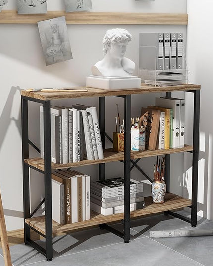 3 Tier Solid Real Wood Bookshelf Rustic Industrial Style, Wooden Storage Shelves Etagere Bookcase Book Shelf Display Shelf for Home Office - LeafyLoom