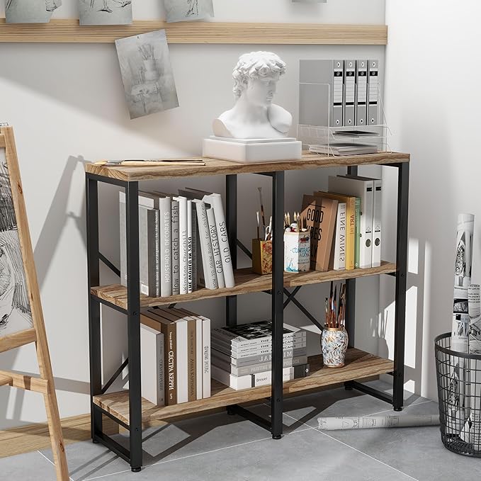 3 Tier Solid Real Wood Bookshelf Rustic Industrial Style, Wooden Storage Shelves Etagere Bookcase Book Shelf Display Shelf for Home Office - LeafyLoom