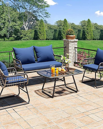 YITAHOME 4-Piece Patio Furniture Wicker Outdoor Bistro Set, All-Weather Rattan Conversation Loveseat Chairs for Backyard, Balcony and Deck with Soft Cushions and Metal Table (Navy Blue) - LeafyLoom