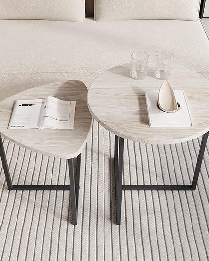 Round Coffee Table Set of 2 End Tables for Living Room,Black Small Coffee Table Living Room Table,Metal Frame & Wood Look,Sturdy and Easy Assembly,Stacking Side Tables Bedroom,White - LeafyLoom