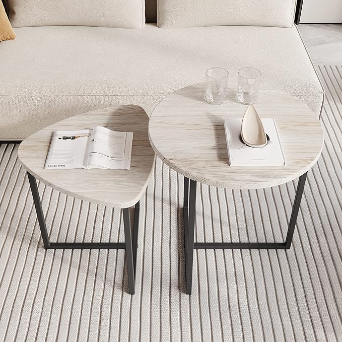 Round Coffee Table Set of 2 End Tables for Living Room,Black Small Coffee Table Living Room Table,Metal Frame & Wood Look,Sturdy and Easy Assembly,Stacking Side Tables Bedroom,White - LeafyLoom