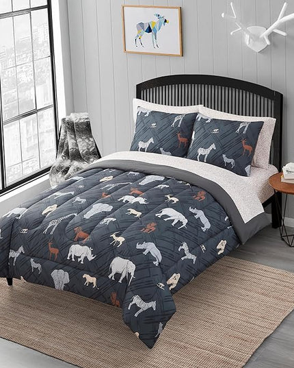 Kids Bedding Set Bed in a Bag for Boys and Girls Toddlers Printed Sheet Set and Comforter, Full, Safari - LeafyLoom