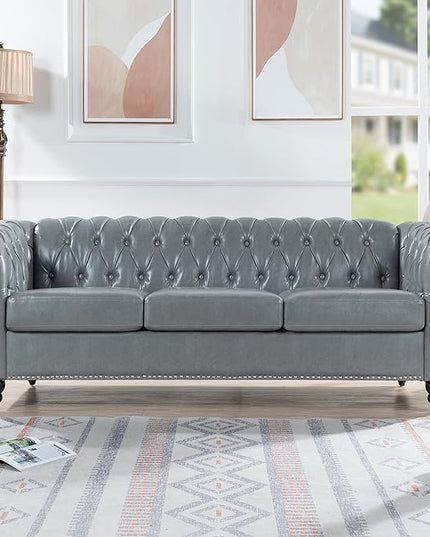 3-Seaters Living Room Clasic Chesterfield Sofa Couch Button Tufted PU Leather Upholstered Sofa&Couch with Luxury Roller Armrest Soild Wood Legs Movable Cushions & Nailhead Decor - LeafyLoom