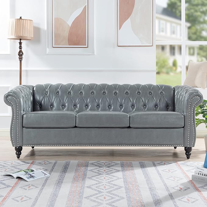3-Seaters Living Room Clasic Chesterfield Sofa Couch Button Tufted PU Leather Upholstered Sofa&Couch with Luxury Roller Armrest Soild Wood Legs Movable Cushions & Nailhead Decor - LeafyLoom
