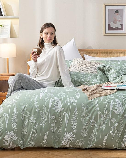 JANZAA Queen Comforter Set Sage Green Comforter,3 PCS Bedding Sets Floral Comforter Set Plant Flowers Printed on Fluffy Comforter Set for All season - LeafyLoom