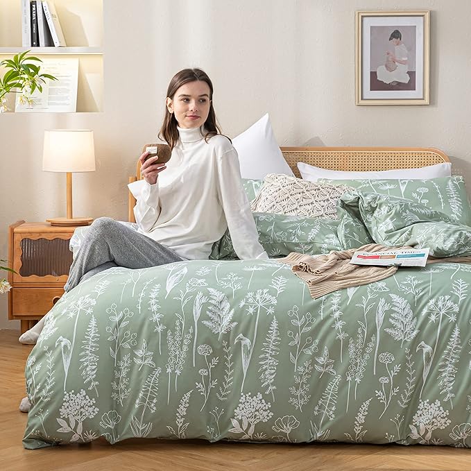 JANZAA Queen Comforter Set Sage Green Comforter,3 PCS Bedding Sets Floral Comforter Set Plant Flowers Printed on Fluffy Comforter Set for All season - LeafyLoom