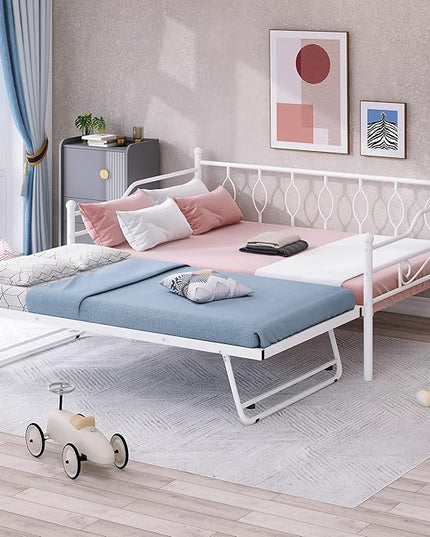 Full Daybed with Trundle, Metal Day Bed with Pull Out Trundle, Sofa Bed with Twin Size Portable Folding Trundle, Bed Frame for Bedroom, Living Room, Guest Room, Home, No Box Spring Needed, White - LeafyLoom