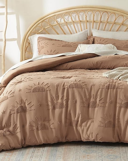 Bedsure King Size Comforter Set Taupe, Boho Tufted Bedding Comforter Set, Farmhouse Jacquard Solar Pattern Bed Set, 3 Pieces, 1 Shabby Chic Fluffy Comforter & 2 Pillow Shams - LeafyLoom