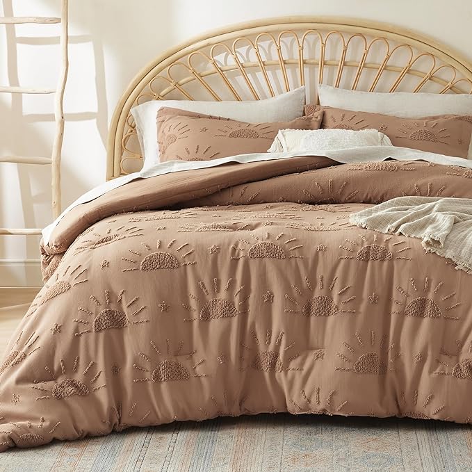 Bedsure Twin/Twin XL Size Comforter Set Taupe, Boho Tufted Bedding Comforter Set, Farmhouse Jacquard Solar Pattern Bed Set, 2 Pieces, 1 Shabby Chic Fluffy Comforter & 1 Pillow Sham - LeafyLoom