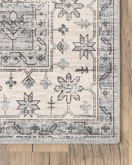 nuLOOM 4x6 Machine Washable Rain Haven Vintage Medallion Area Rug, Light Grey, Traditional Faded Design, Non-Slip Backing, Stain Resistant, For Bedroom, Dining Room, Living Room, Kitchen - LeafyLoom