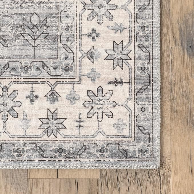 nuLOOM 4x6 Machine Washable Rain Haven Vintage Medallion Area Rug, Light Grey, Traditional Faded Design, Non-Slip Backing, Stain Resistant, For Bedroom, Dining Room, Living Room, Kitchen - LeafyLoom