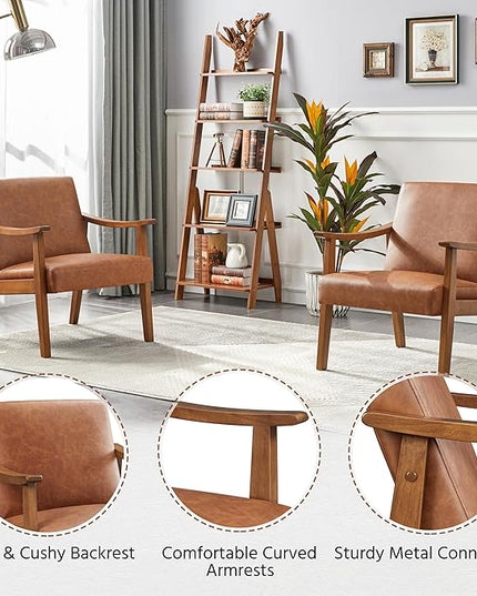Yaheetech PU Leather Accent Chair, Mid-Century Modern Armchair with Solid Wood Legs, Reading Leisure Chair with High Back for Living Room Bedroom Waiting Room, Light Brown - LeafyLoom