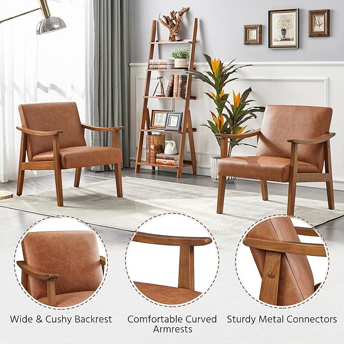 Yaheetech PU Leather Accent Chair, Mid-Century Modern Armchair with Solid Wood Legs, Reading Leisure Chair with High Back for Living Room Bedroom Waiting Room, Light Brown - LeafyLoom