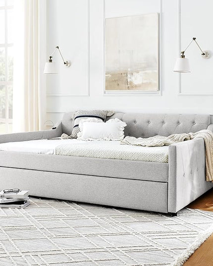 Full Size Upholstery modern linen Daybed, Trundle sofaBed,Armrest with USB charging end pull out Button Tufted Armrest side with pocket,for Bedroom Living Room - LeafyLoom