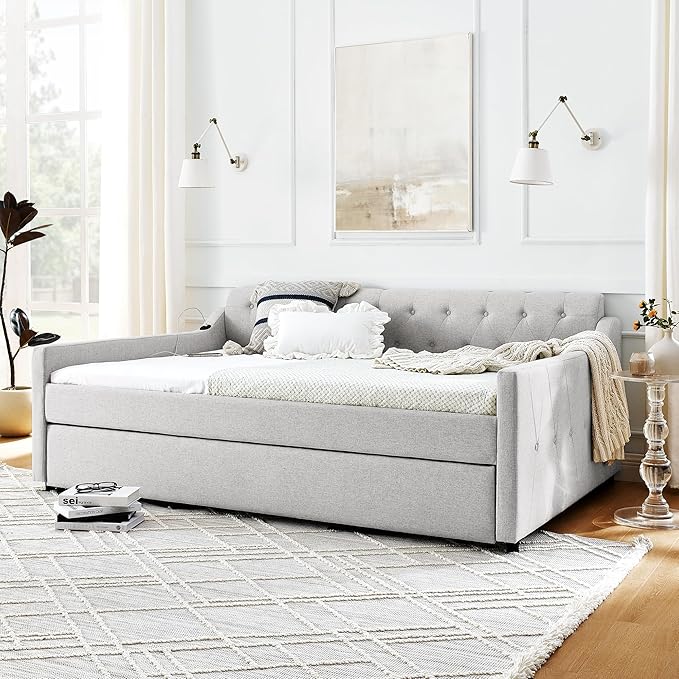 Full Size Upholstery modern linen Daybed, Trundle sofaBed,Armrest with USB charging end pull out Button Tufted Armrest side with pocket,for Bedroom Living Room - LeafyLoom