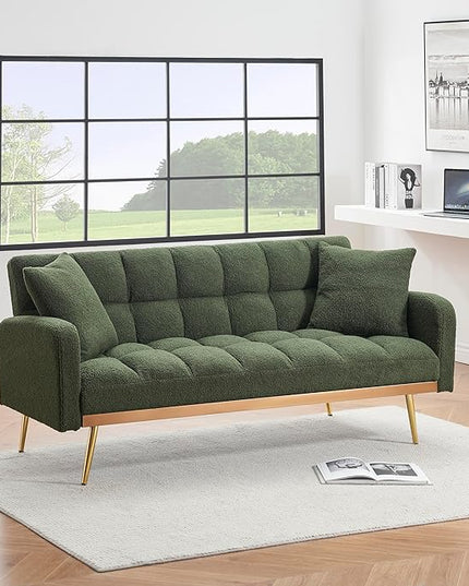 Fabric Teddy Fleece Folding Futon Sofa Bed w/Adjustable Backrests, 2 Seater Tufted Convertible Lounge Couch Recliner Loveseat with Metal Golden Legs for Living Room, Office,Bedroom, Green 69" - LeafyLoom