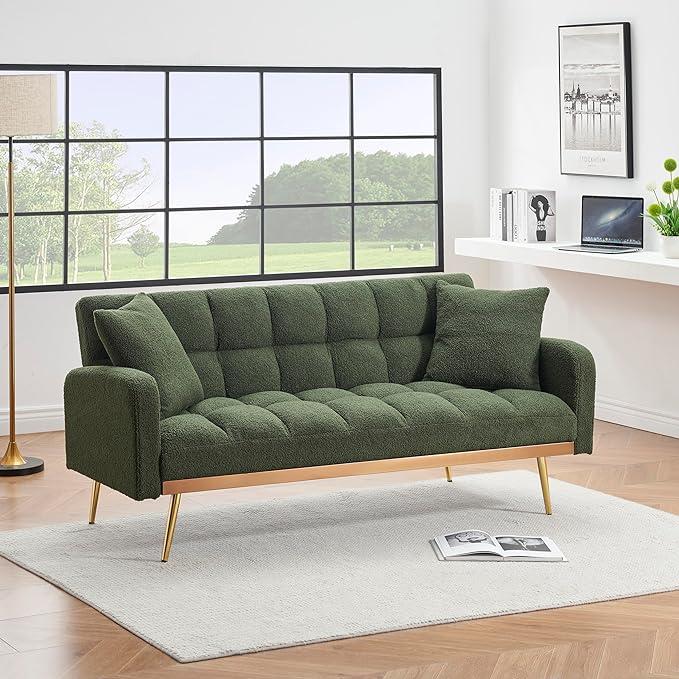 Fabric Teddy Fleece Folding Futon Sofa Bed w/Adjustable Backrests, 2 Seater Tufted Convertible Lounge Couch Recliner Loveseat with Metal Golden Legs for Living Room, Office,Bedroom, Green 69" - LeafyLoom
