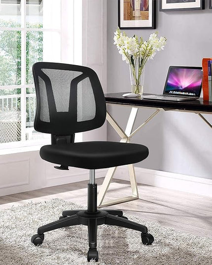 Armless Mesh Office Chair Ergonomic Swivel Black Small Computer Desk Chair No Arms with Lumbar Support Height Adjustable Task Chair for Adults and Kids - LeafyLoom