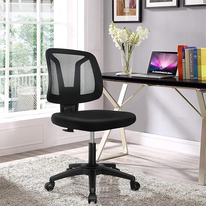Armless Mesh Office Chair Ergonomic Swivel Black Small Computer Desk Chair No Arms with Lumbar Support Height Adjustable Task Chair for Adults and Kids - LeafyLoom