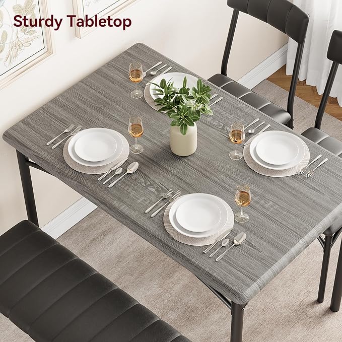 GAOMON Dining Table Set for 4, Kitchen Table with Upholstered Chairs and Bench, 4-Person Dining Room Table Set, Rectangular Kitchen Table Set for Small Space, Apartment, Home, Studio, Rustic Grey - LeafyLoom