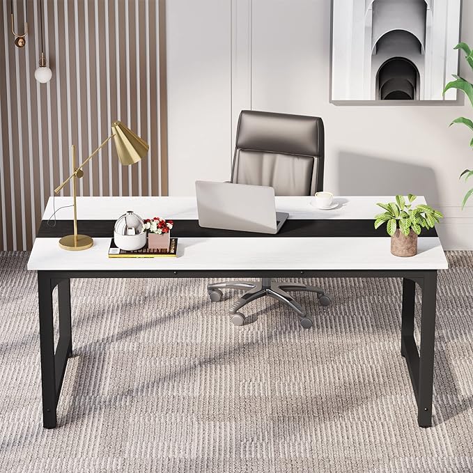 70.8 Inch X-Large Executive Computer Office Desk, White+Black - LeafyLoom