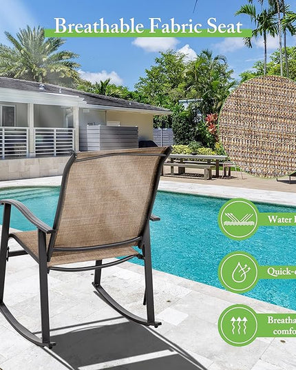 Shintenchi 3 Piece Rocking Bistro Set, Outdoor Furniture with Rocker Chairs and Glass coffee table set of 3, Balcony, Porch Furniture for Small Space, Brown - LeafyLoom