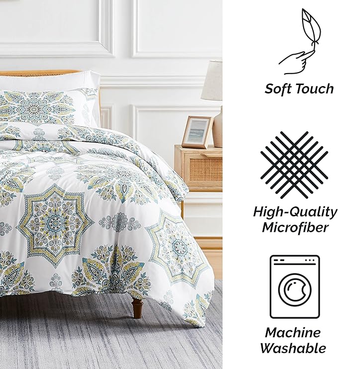 Southshore Fine Living, Inc. Oversized Full/Queen Comforter Bedding Set, Down Alternative Boho Bedspread, Paisley Floral Print Comforter, Full Size/Queen with 2 Matching Shams, Aqua on White - LeafyLoom