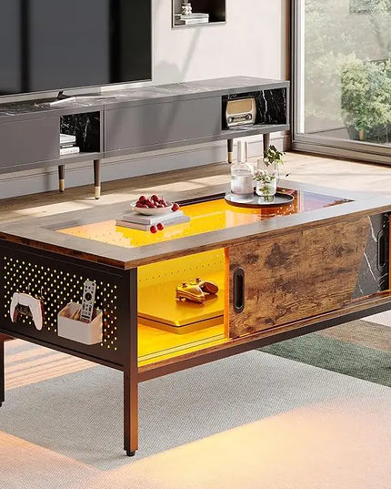 Bestier LED Coffee Table with Storage Glass Coffee Tables for Living Room with Sliding Doors, 42 Inch Rustic Brown Living Room Center Table - LeafyLoom