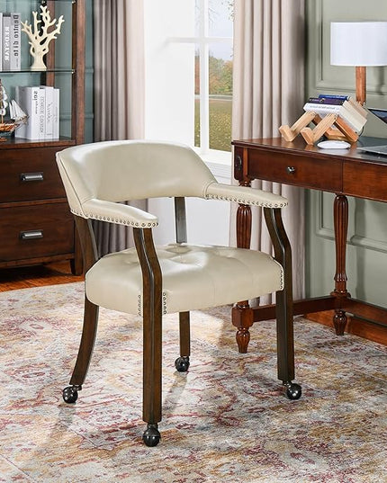 Large Dining Chairs with Casters and Arms, Rolling Dining Chairs with Wheels, Solid Wood Office Desk Chairs, 26“Dx25.2 Wx31.5“H, Espresso Legs & Beige PU, XXY-1910-BG - LeafyLoom