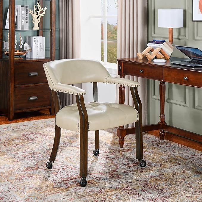 Large Dining Chairs with Casters and Arms, Rolling Dining Chairs with Wheels, Solid Wood Office Desk Chairs, 26“Dx25.2 Wx31.5“H, Espresso Legs & Beige PU, XXY-1910-BG - LeafyLoom