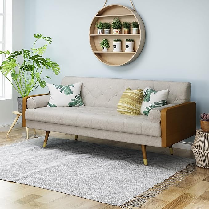 Christopher Knight Home Aidan Mid Century Modern Tufted Fabric Sofa, Beige - LeafyLoom