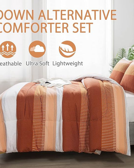 Andency Stripe Comforter Set Queen Size (90x90 Inch), 3 Pieces Terracotta Patchwork Striped Comforter, Soft Microfiber Down Alternative Comforter Bedding Set with Corner Loops - LeafyLoom