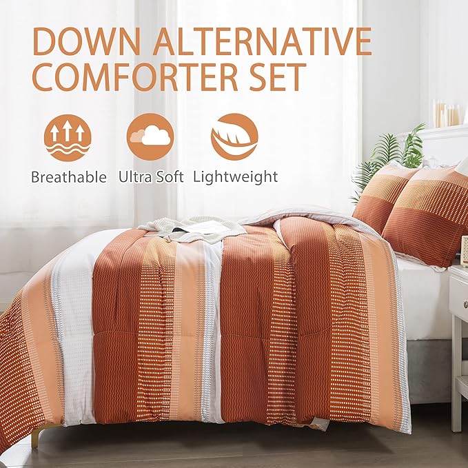 Andency Stripe Comforter Set Full Size (79x90 Inch), 3 Pieces Terracotta Patchwork Striped Comforter, Soft Microfiber Down Alternative Comforter Bedding Set with Corner Loops - LeafyLoom
