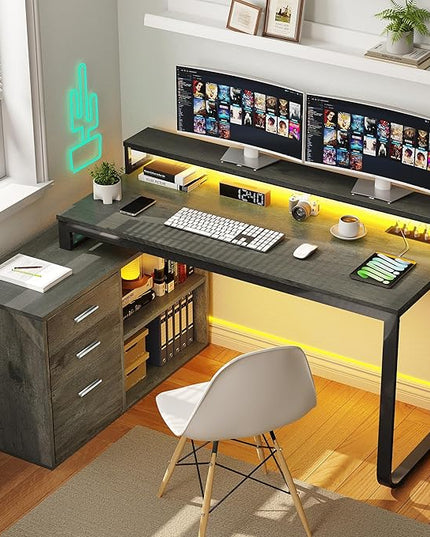 YITAHOME L Shaped Desk with Power Outlets & LED Lights & File Cabinet, 55" Corner Computer Desk with 3 Drawers and 2 Storage Shelves, Home Office Desk with Monitor Stand, Grey - LeafyLoom